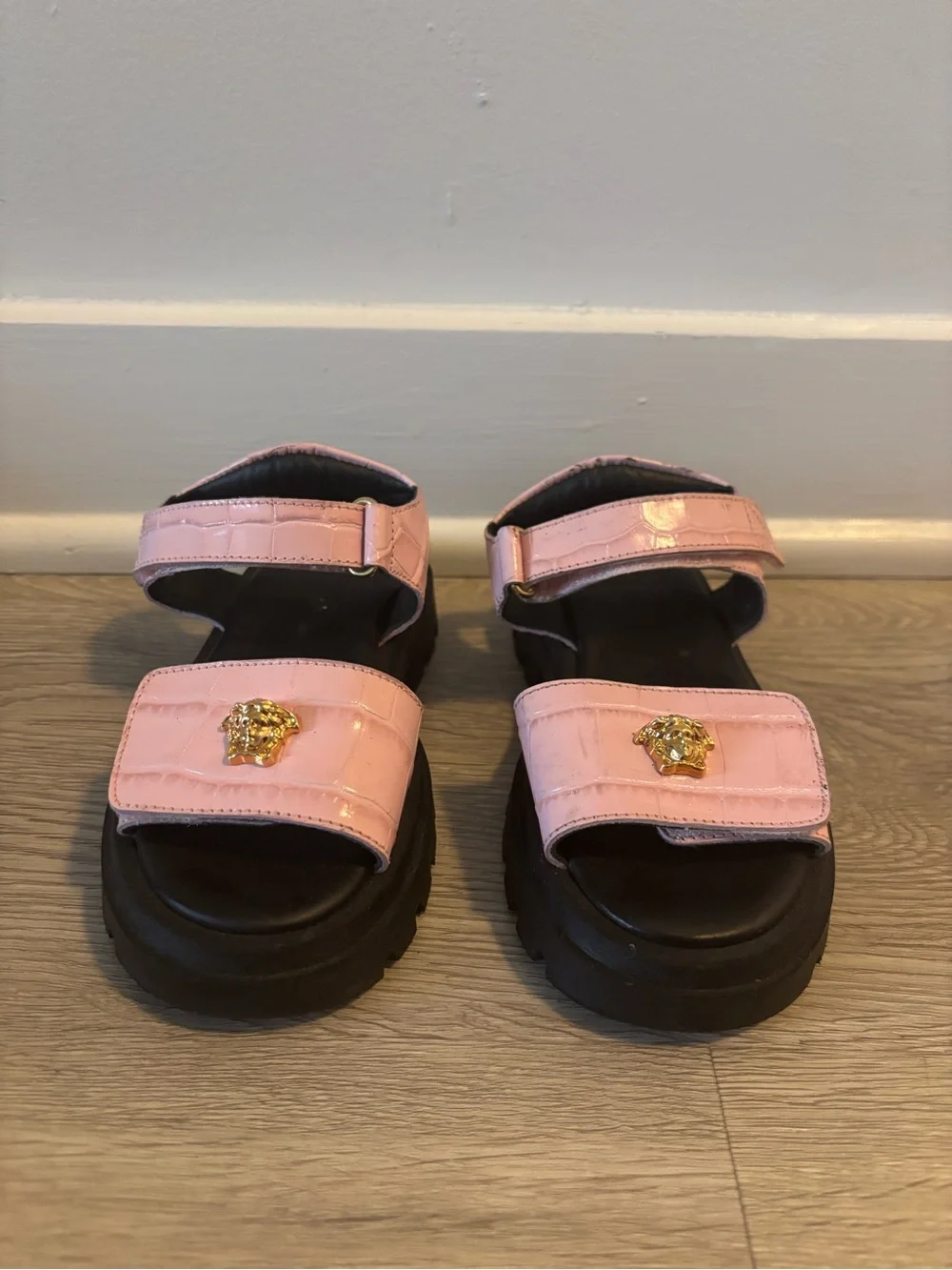 Versace Pink Faux-Croc Kids Sandals with Gold Medusa